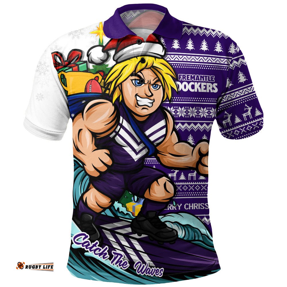Fremantle Polo Shirt Christmas Holiday Santa Rides The Waves