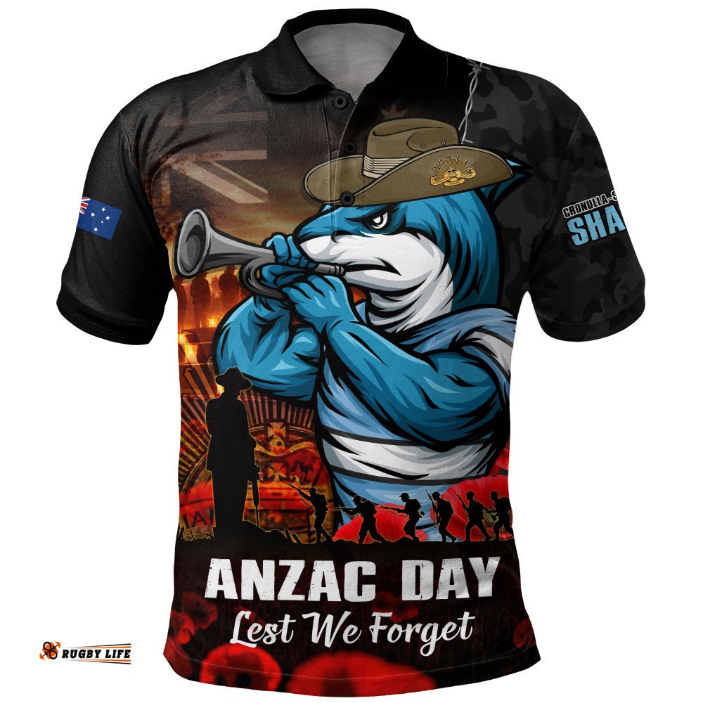 Cronulla-Sutherland Sharks Polo Shirt Anzac Day Rising Dawn Ceremony Lest We Forget Courage