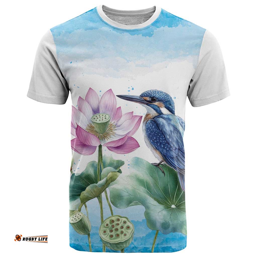 Australia Azure Kingfisher T Shirt Ceyx Azureus Sacred Lotus Watercolor LT14