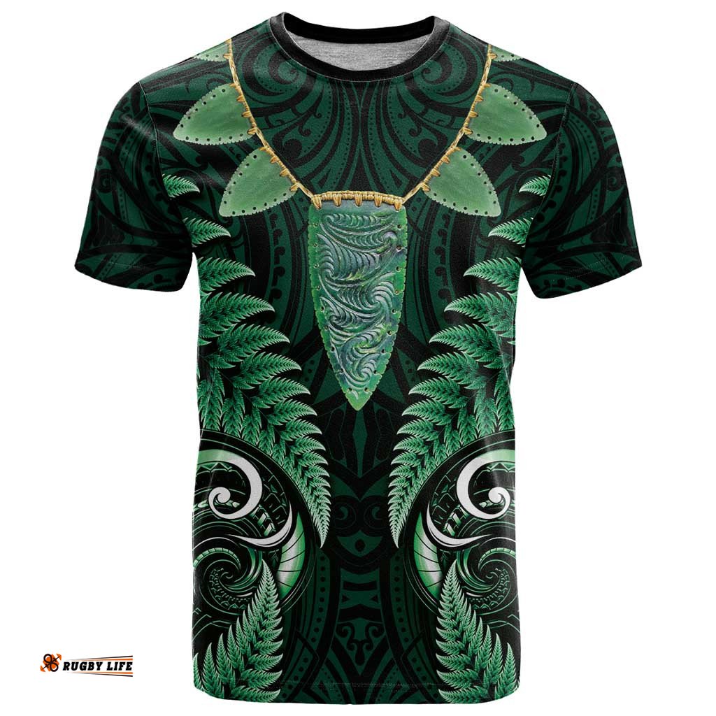 Aotearoa Pounamu Niho T Shirt Silver Fern Mix Maori Pattern - Green LT14