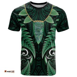 Aotearoa Pounamu Niho T Shirt Silver Fern Mix Maori Pattern - Green LT14