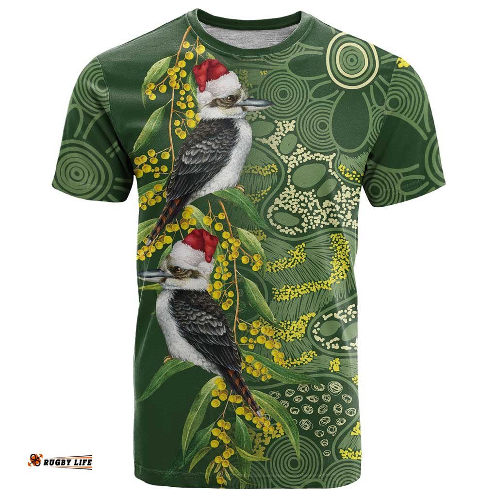Aussie Kokaburra Golden Wattle Christmas T Shirt Aboriginal Dots Painting Green Motif LT9