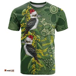 Aussie Kokaburra Golden Wattle Christmas T Shirt Aboriginal Dots Painting Green Motif LT9