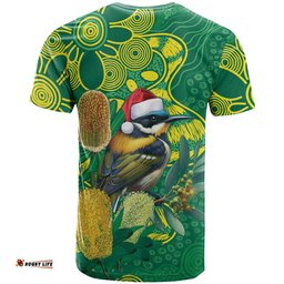 Aussie Honeyeaters Banksia Christmas T Shirt Aboriginal Dots Painting Green Motif LT9