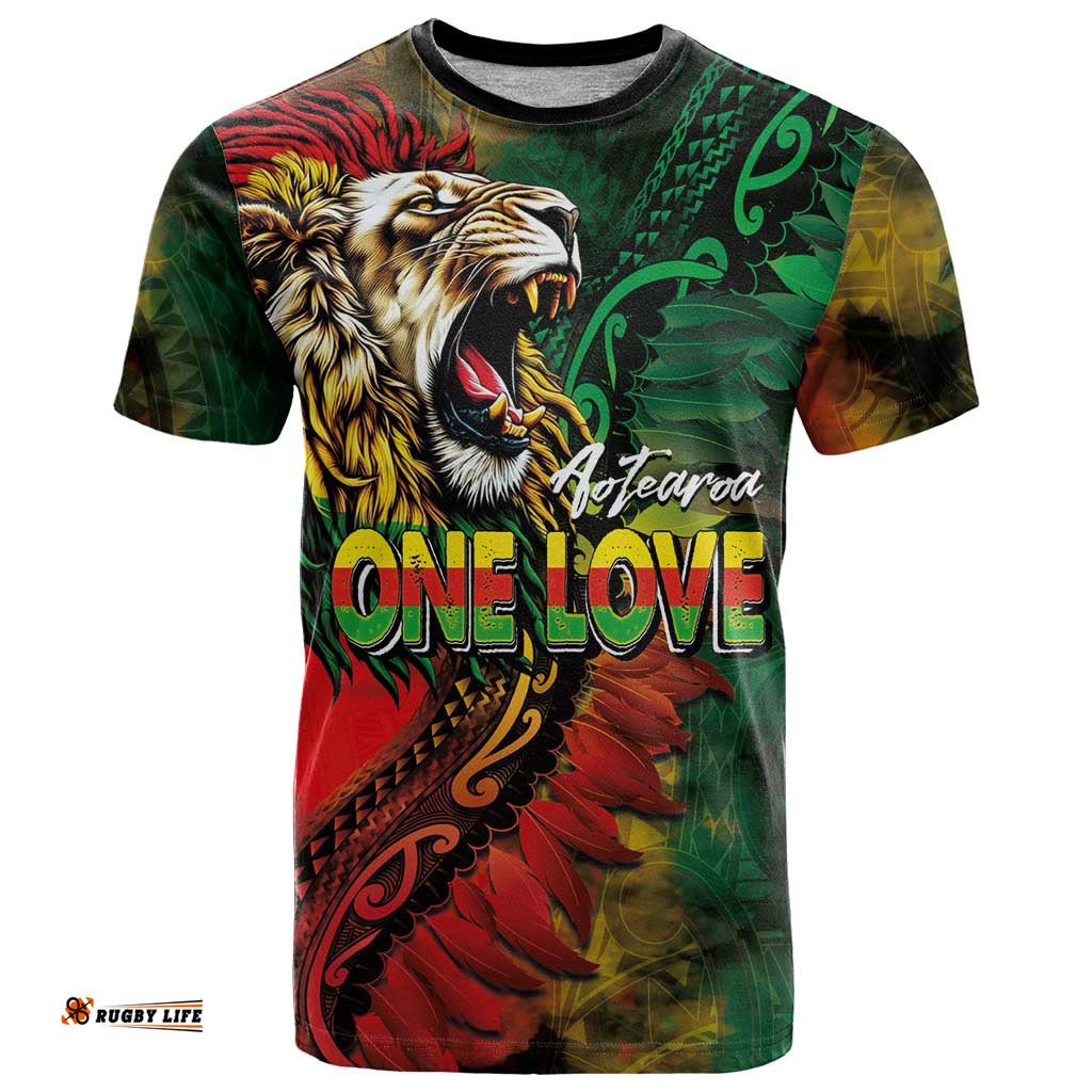 Aotearoa One Love T Shirt Reggae Lion with Kakahu Huruhuru LT03