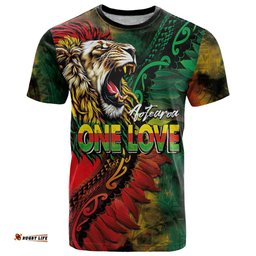 Aotearoa One Love T Shirt Reggae Lion with Kakahu Huruhuru LT03