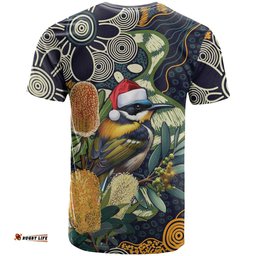 Aussie Honeyeaters Banksia Christmas T Shirt Aboriginal Dots Painting Blue Motif LT9