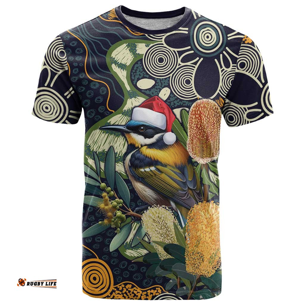 Aussie Honeyeaters Banksia Christmas T Shirt Aboriginal Dots Painting Blue Motif LT9