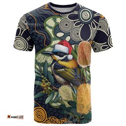 Aussie Honeyeaters Banksia Christmas T Shirt Aboriginal Dots Painting Blue Motif LT9