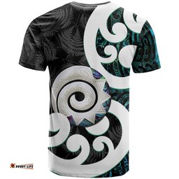 Aotearoa Koru T Shirt Cyan Maori Paua Shell Mix Silver Fern LT14