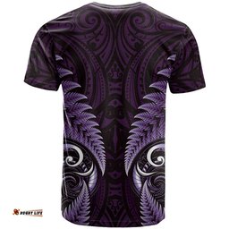 Aotearoa Pounamu Niho T Shirt Silver Fern Mix Maori Pattern - Purple LT14