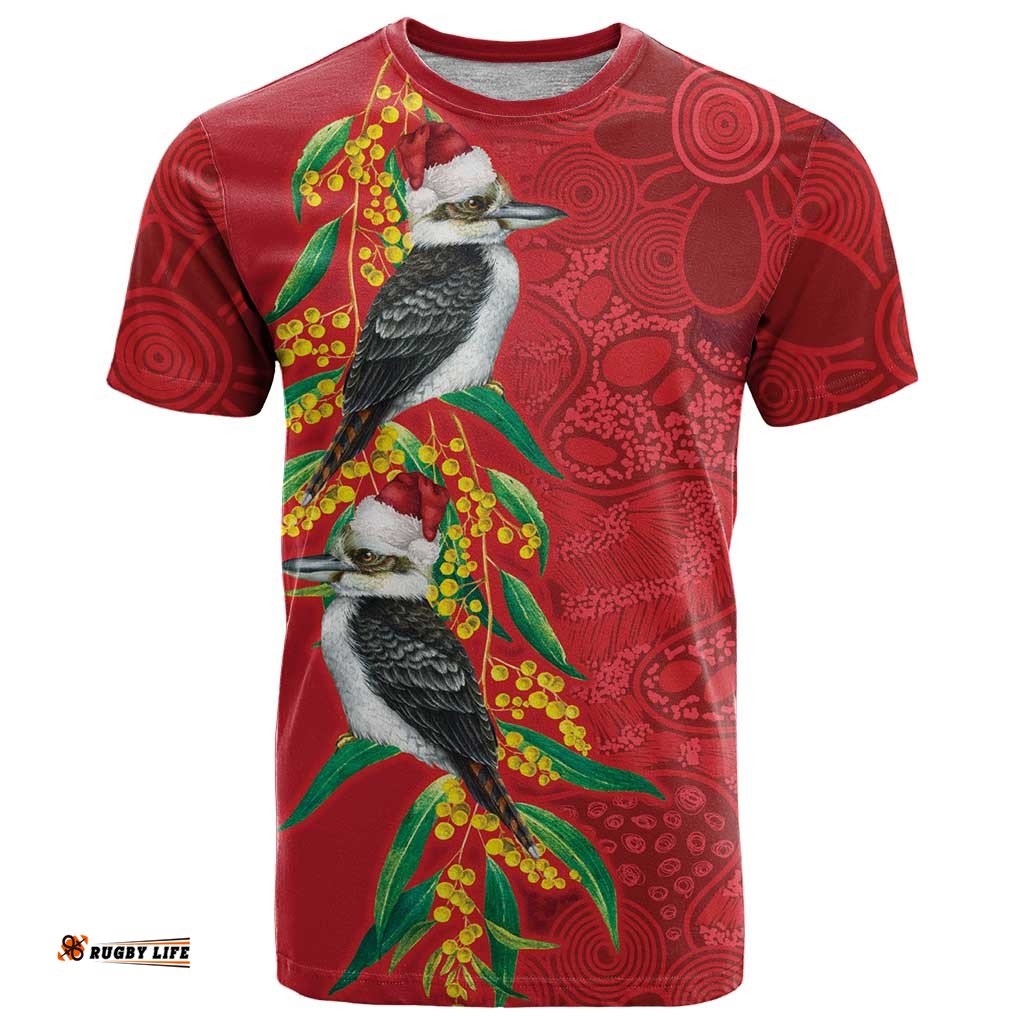 Aussie Kokaburra Golden Wattle Christmas T Shirt Aboriginal Dots Painting Red Motif LT9