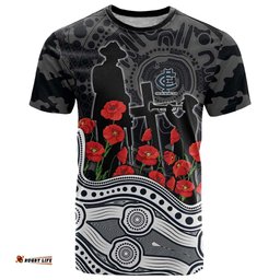 Carlton Blues ANZAC Day T Shirt Indigenous Dot Art with Poppy Flower Tribute TS04