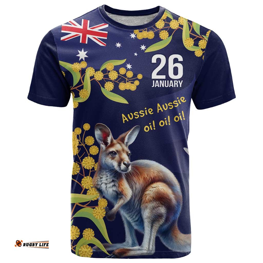 Blue Kangaroo and Golden Wattle Personalised T Shirt Happy Australia Day 6 January LT9