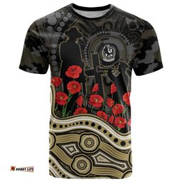 Collingwood Magpies ANZAC Day T Shirt Indigenous Dot Art with Poppy Flower Tribute TS04