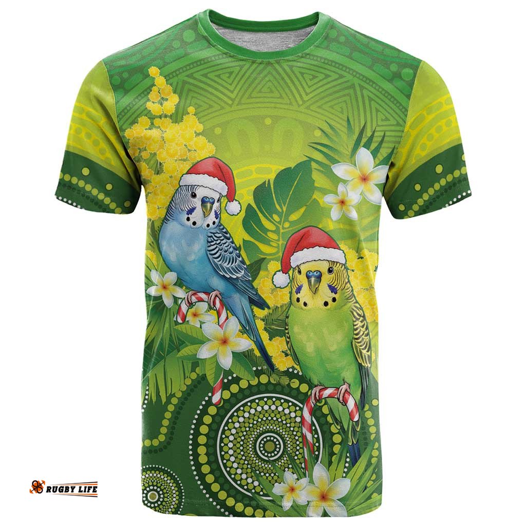 Budgerigar Australia Christmas T Shirt Budgies Golden Wattle Aboriginal Green LT14