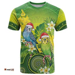 Budgerigar Australia Christmas T Shirt Budgies Golden Wattle Aboriginal Green LT14