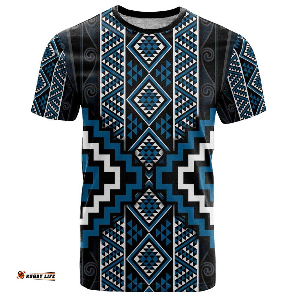 Azure Tukutuku Pattern Aotearoa T Shirt Niho Taniwha and Puhoro Motifs LT7