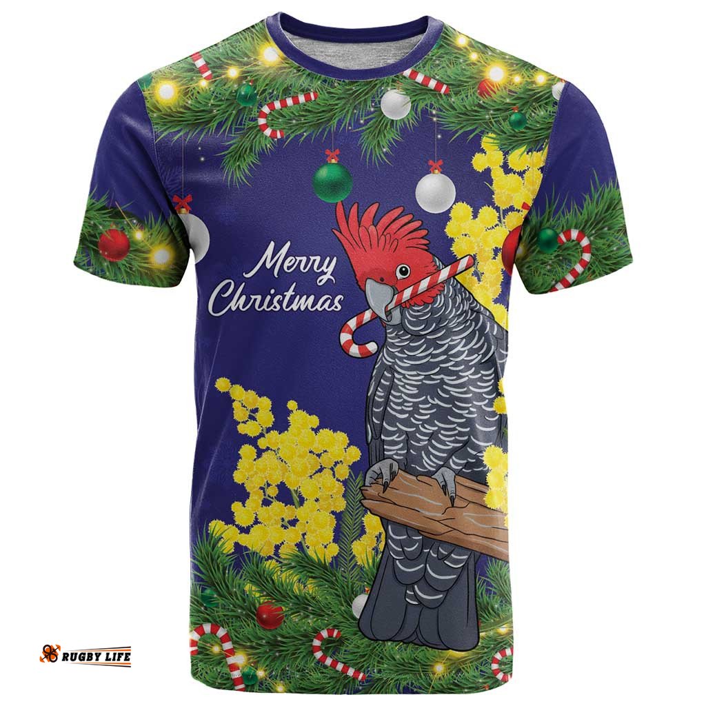 Australia Gang-gang Cockatoo Christmas T Shirt Callocephalon Fimbriatum Golden Wattle Blue LT14