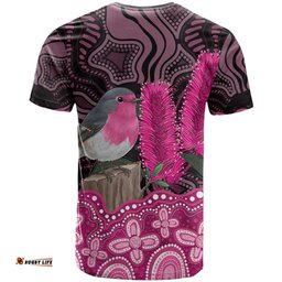 Australia Indigenous T Shirt Breast Cancer Pink Robin Bottlebrush Aboriginal Art LT14