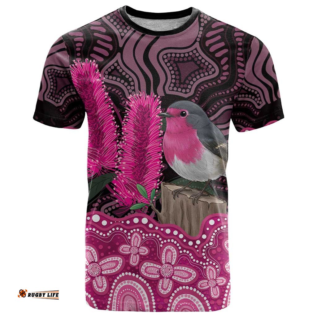 Australia Indigenous T Shirt Breast Cancer Pink Robin Bottlebrush Aboriginal Art LT14