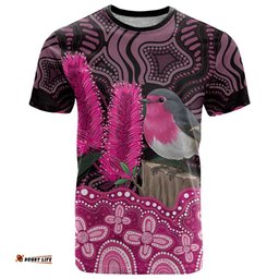 Australia Indigenous T Shirt Breast Cancer Pink Robin Bottlebrush Aboriginal Art LT14