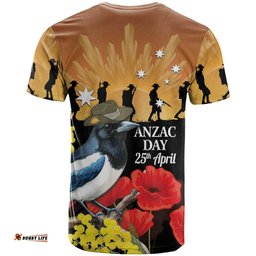 Australia Magpie ANZAC Day T Shirt Rising Sun 25th April Poppy Golden Wattle LT14