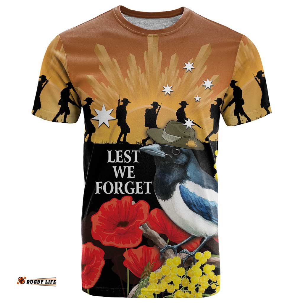 Australia Magpie ANZAC Day T Shirt Rising Sun 25th April Poppy Golden Wattle LT14