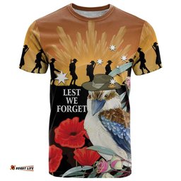 Australia Kookaburra ANZAC Day T Shirt Rising Sun 25th April Poppy Eucalyptus Blossoms LT14