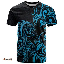 Blue Aoteara Horse Racing T Shirt NZ Maori Pattern LT14