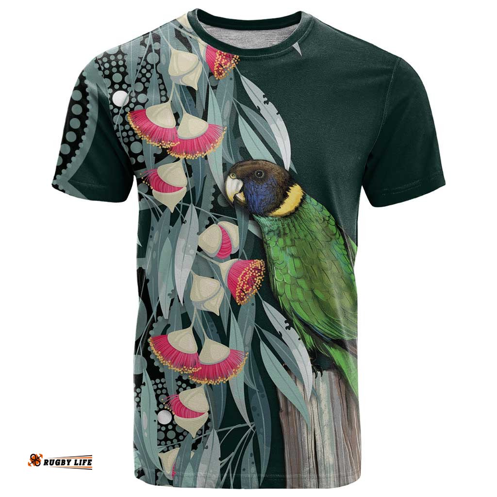 Australian Ringneck Parrot T Shirt Barnardius Zonarius Eucalyptus Flowers Aboriginal Art LT14