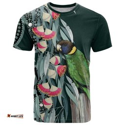Australian Ringneck Parrot T Shirt Barnardius Zonarius Eucalyptus Flowers Aboriginal Art LT14