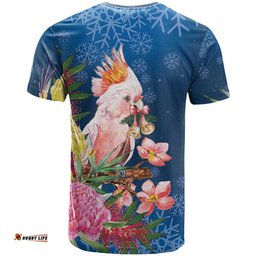 Australia Christmas Pink Cockatoo with Banksia T Shirt Snowy Blue LT7