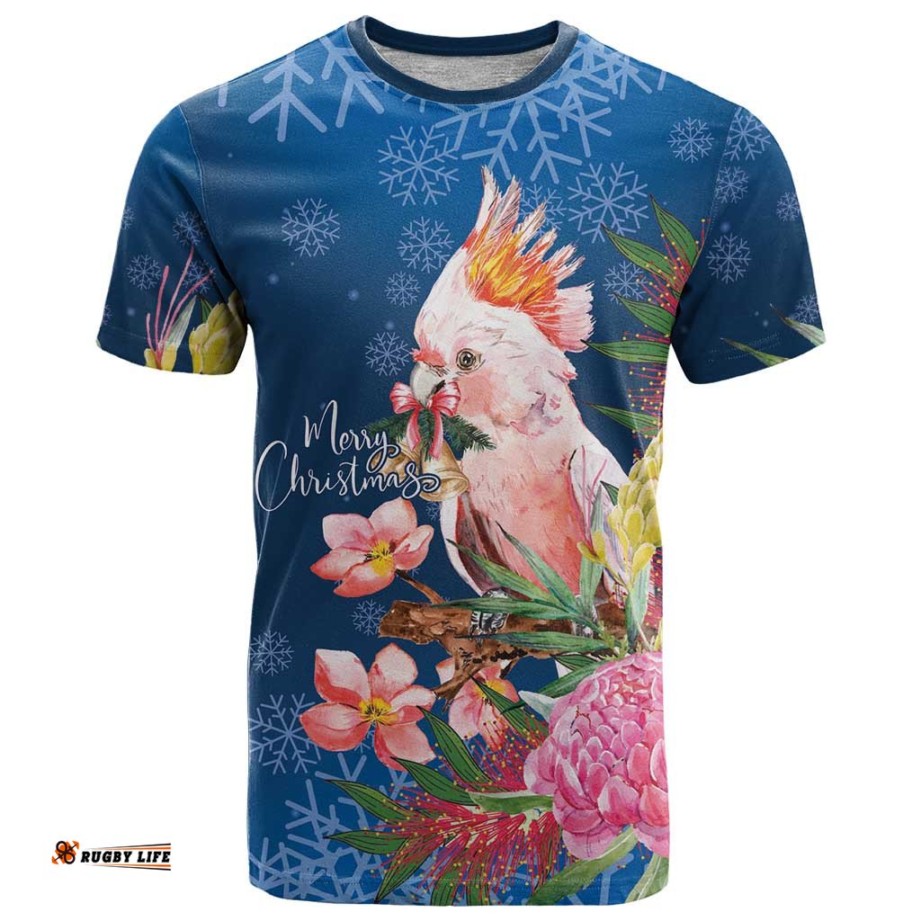 Australia Christmas Pink Cockatoo with Banksia T Shirt Snowy Blue LT7