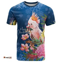 Australia Christmas Pink Cockatoo with Banksia T Shirt Snowy Blue LT7