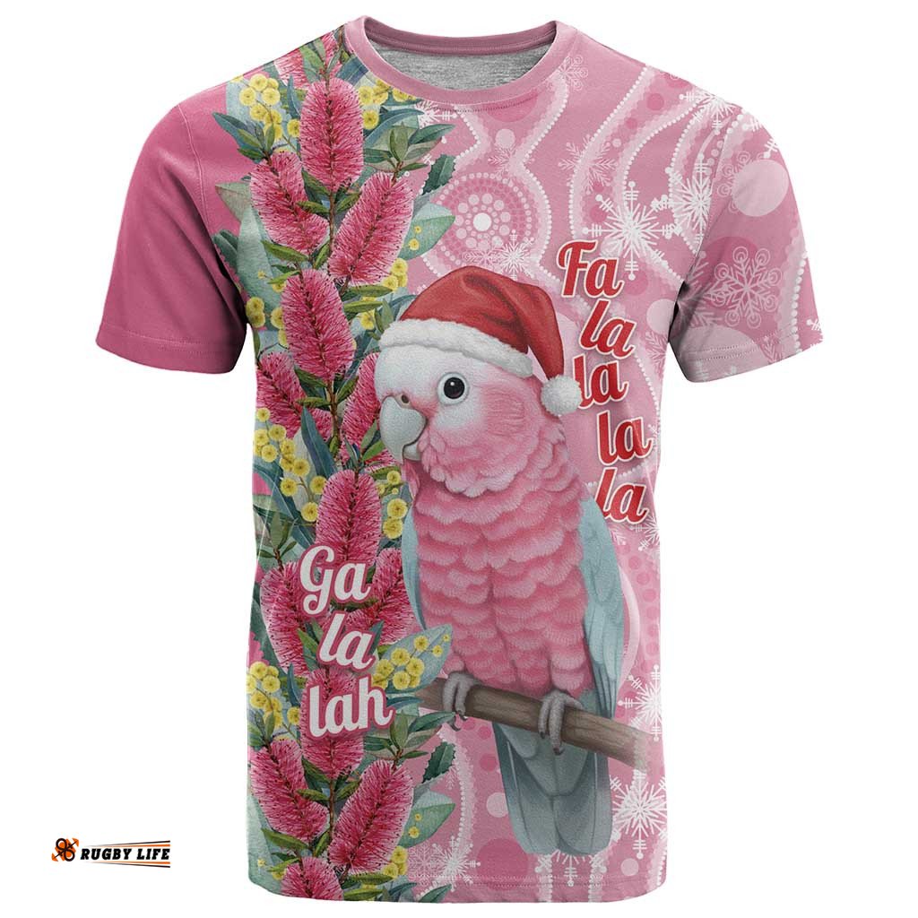 Australia Pink Galah Christmas T Shirt Falalalala Galalah Bottlebrush Aboriginal Art LT14