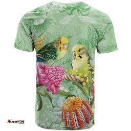 Birds and Floral Aussie Budgerigars T Shirt Mint Opal LT7
