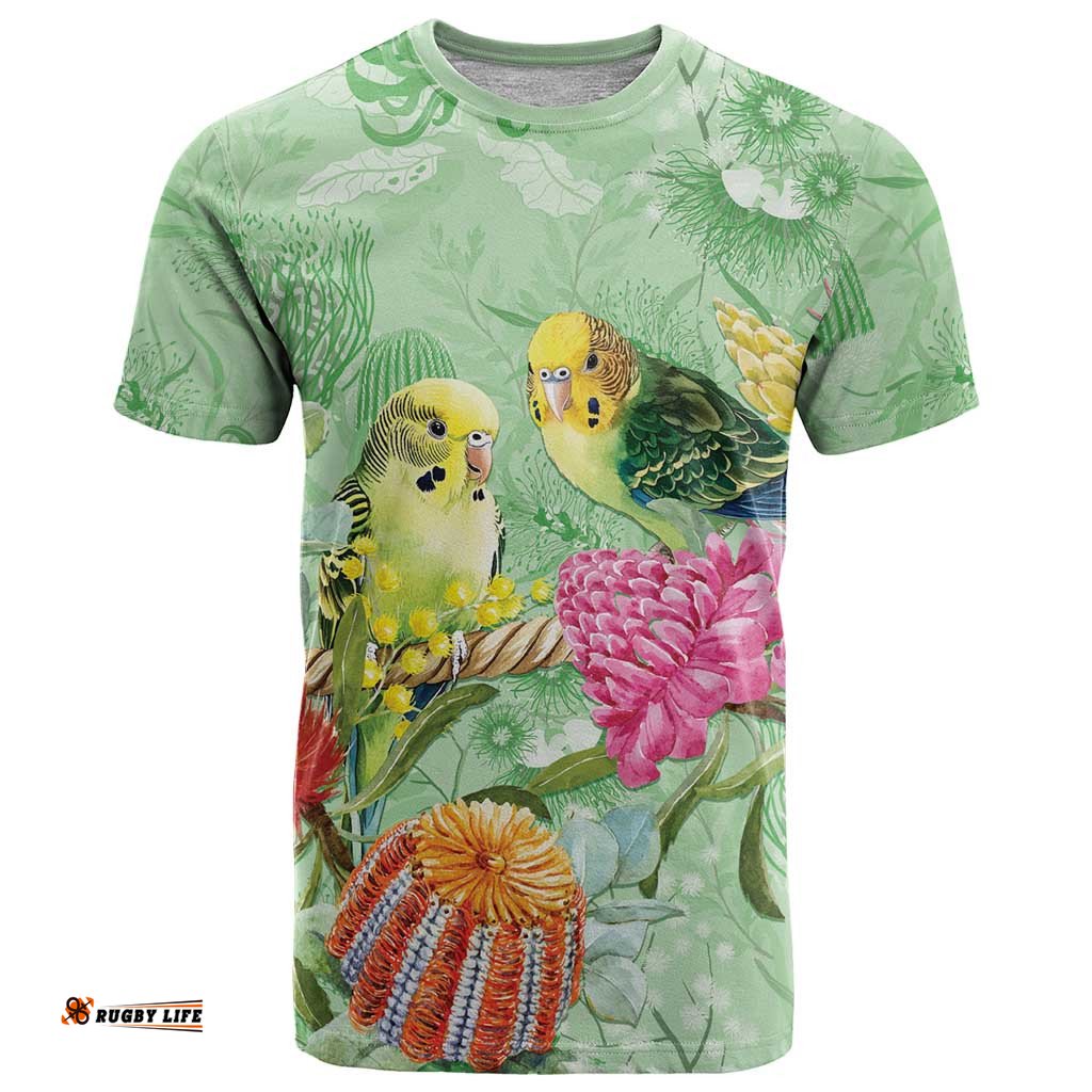 Birds and Floral Aussie Budgerigars T Shirt Mint Opal LT7