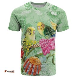 Birds and Floral Aussie Budgerigars T Shirt Mint Opal LT7