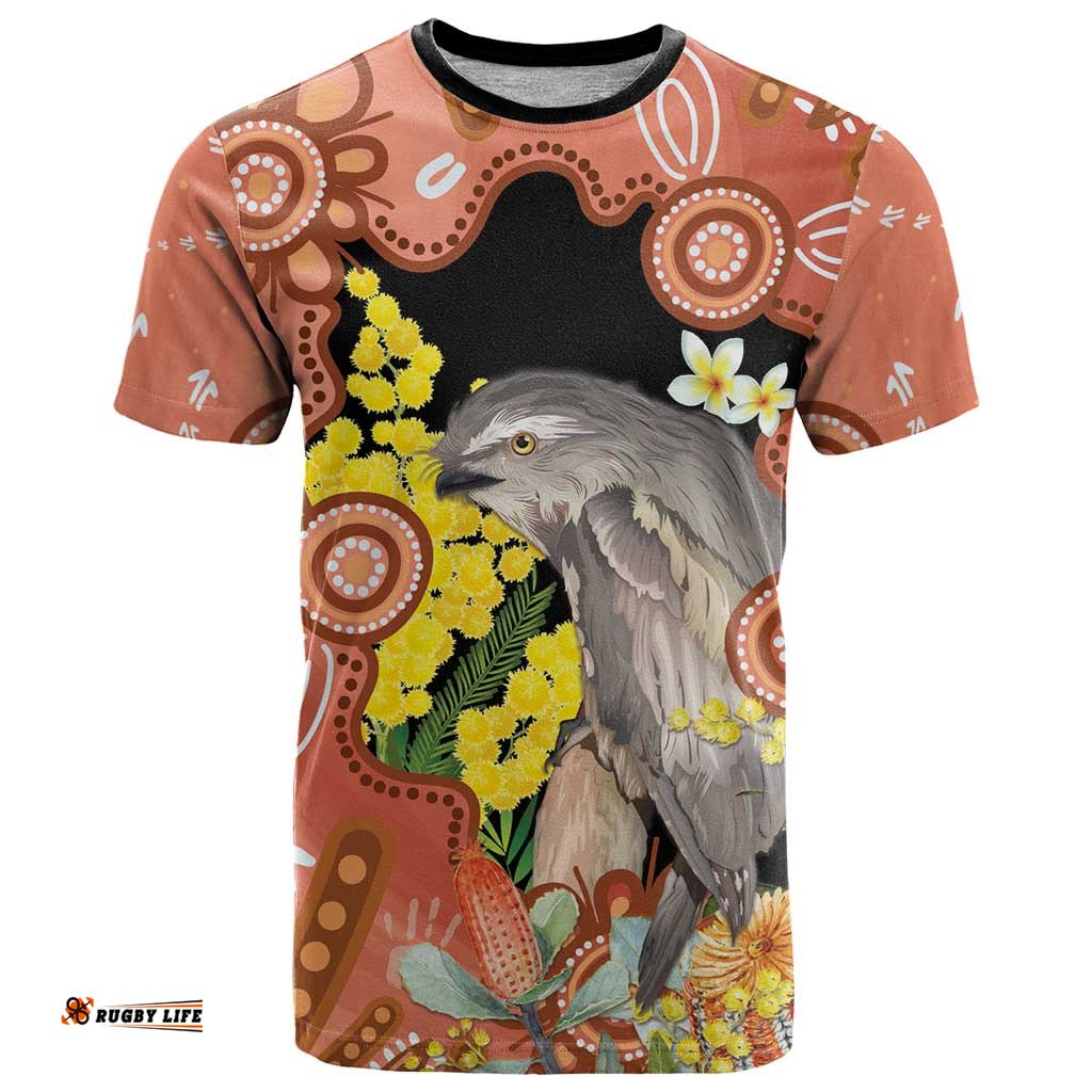 Australia Tawny Frogmouth T Shirt Golden Wattle Banksia Aboriginal Art LT14
