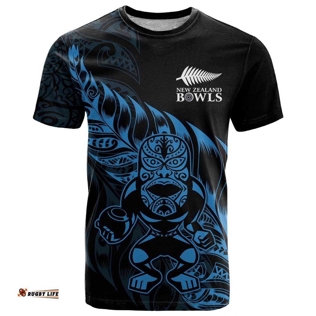 New Zealand Lawn Bowls Custom T Shirt Blue Maori Warrior Tribal Silver Fern LT9