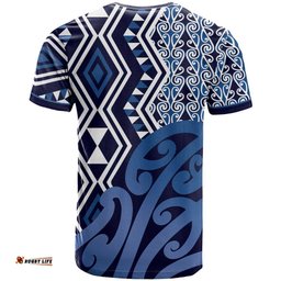 New Zealand T Shirt Aotearoa Kowhaiwhai Mix Taniko Art - Blue LT14