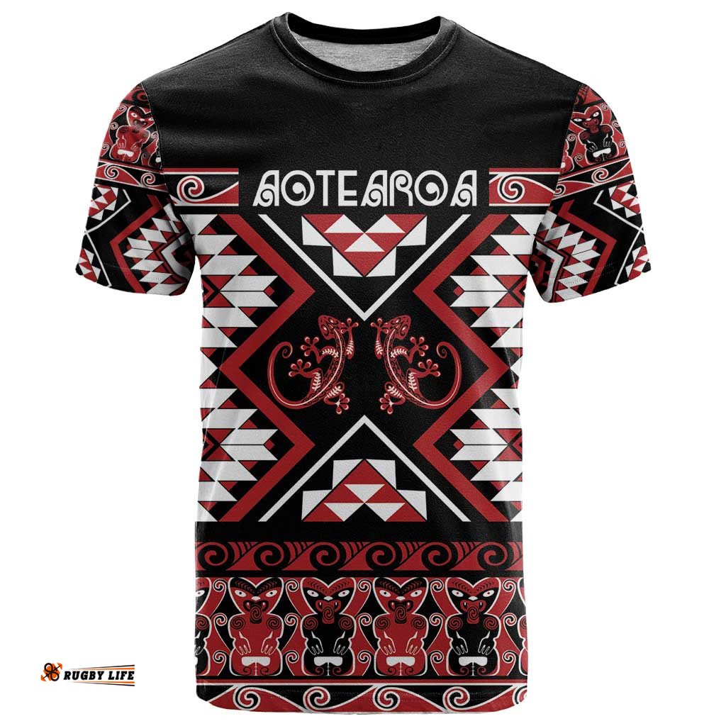 Personalised Aotearoa Waitangi T Shirt Taniko Motifs - Mania Gecko LT7