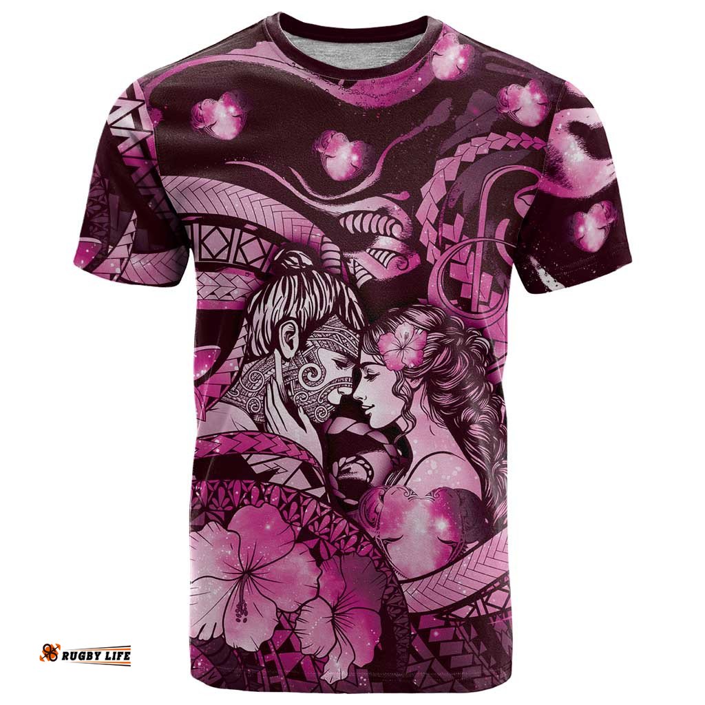 Personalised Maori Romantic Valentine T Shirt The Hongi Kiss Pink Galaxy DT05