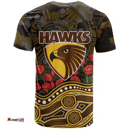 Hawthorn Hawks ANZAC Day T Shirt Indigenous Dot Art with Poppy Flower Tribute TS04