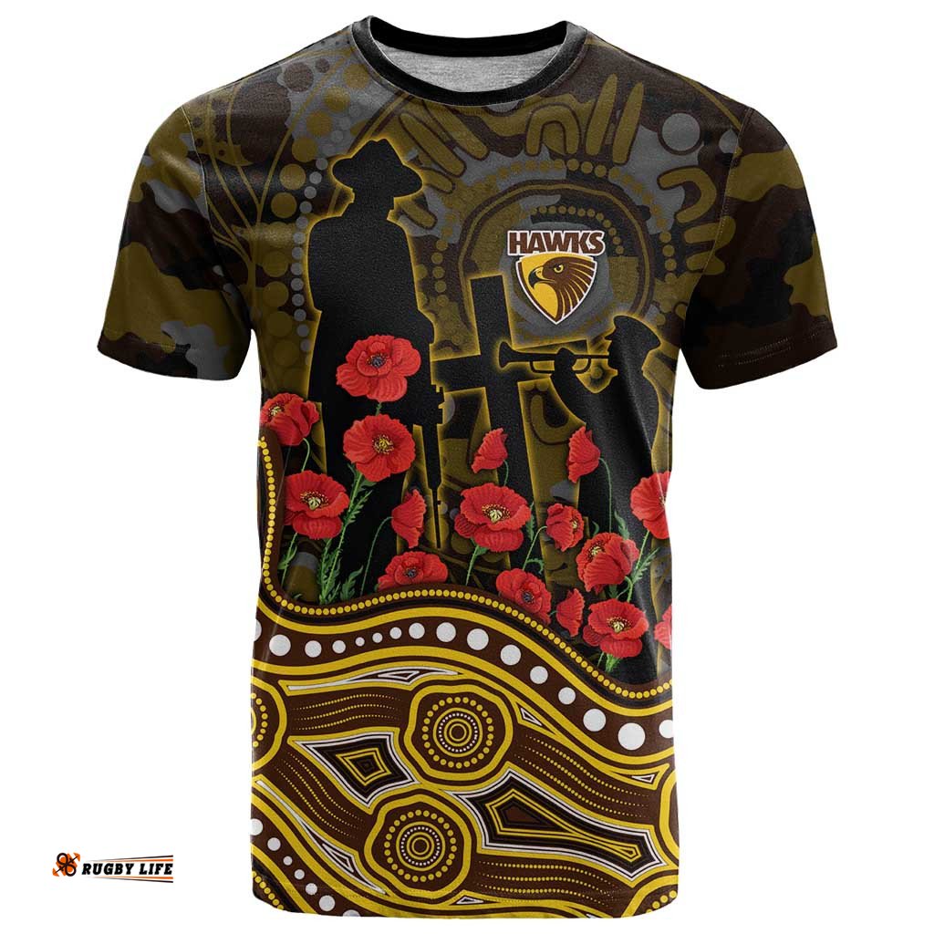 Hawthorn Hawks ANZAC Day T Shirt Indigenous Dot Art with Poppy Flower Tribute TS04