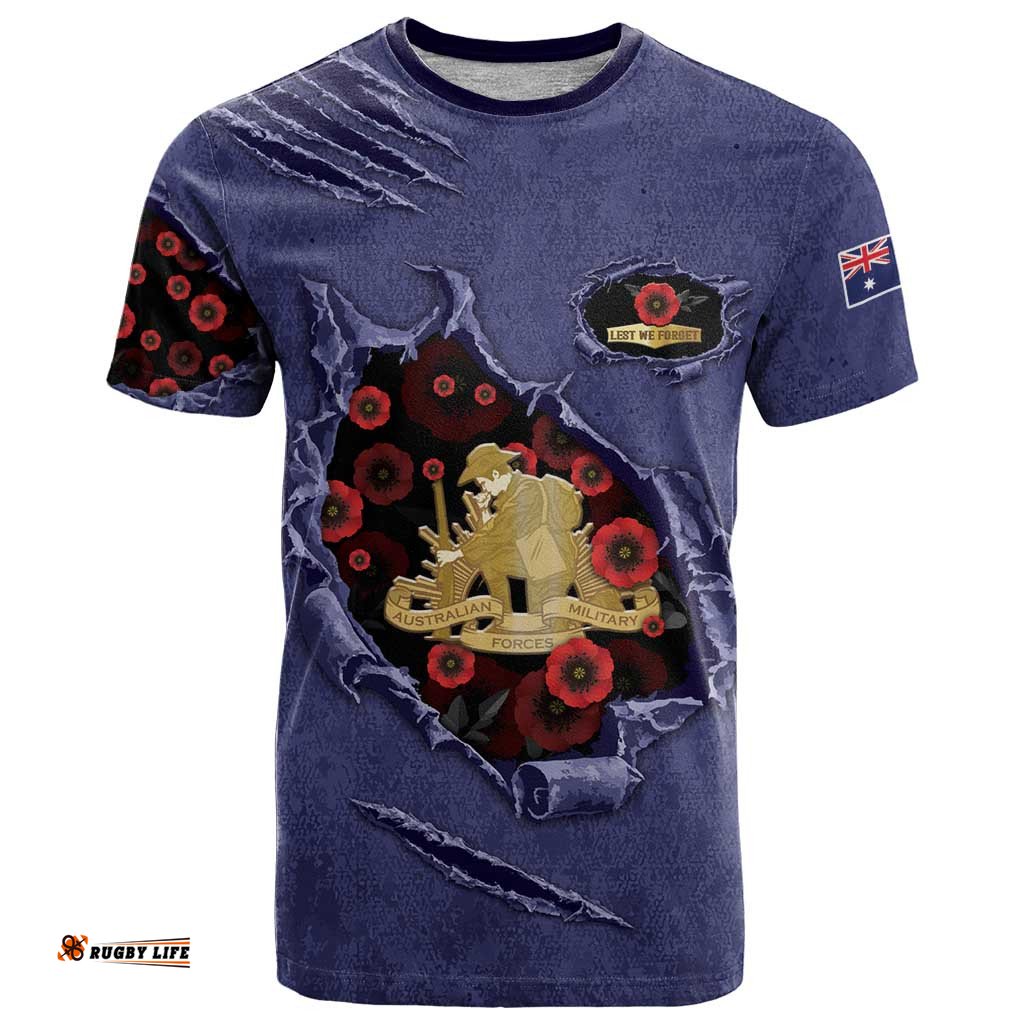 Personalised ANZAC Day T Shirt Poppy Flowers Ripped Fabric Effect DT05
