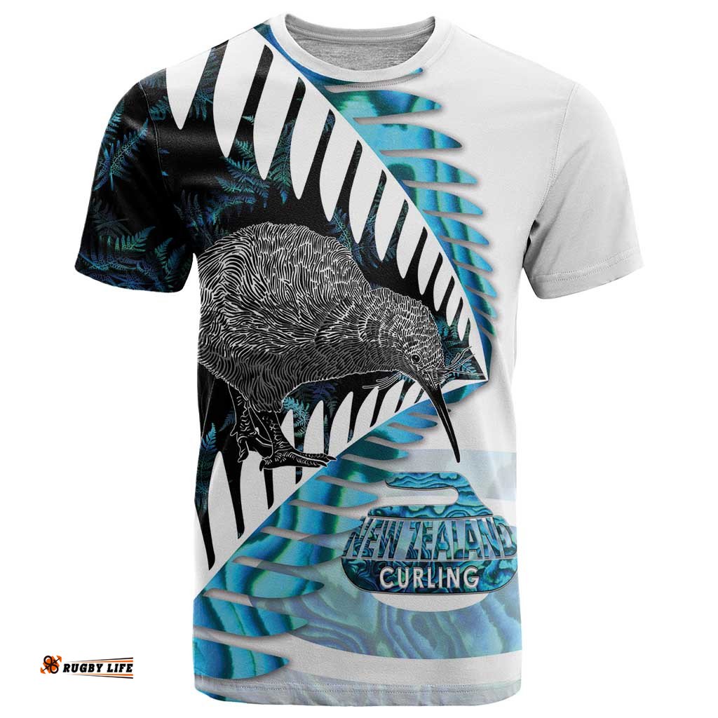 New Zealand Silver Fern Curling Personalised T Shirt Aotearoa Kiwi Ponga Paua Shell Version LT14