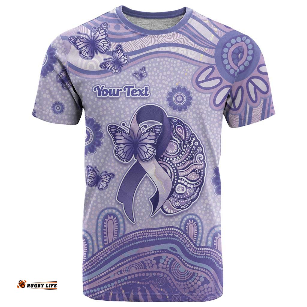 Personalised Epilepsy Awareness T Shirt Purple Ribbon Butterfly And Brain Aboriginal Art DT05
