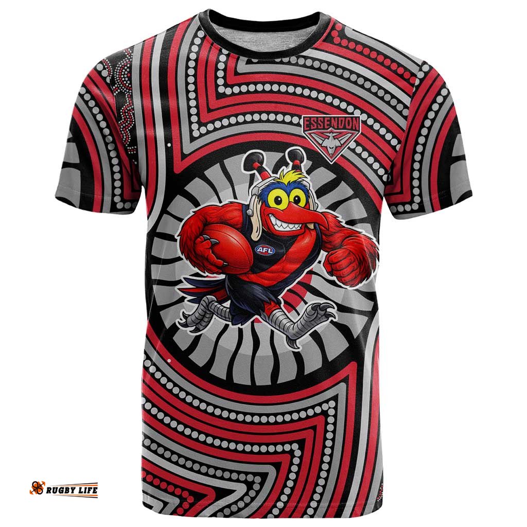 Essendon Football Club T Shirt Indigenous Monochrome Dot Art Mascot Style TS04